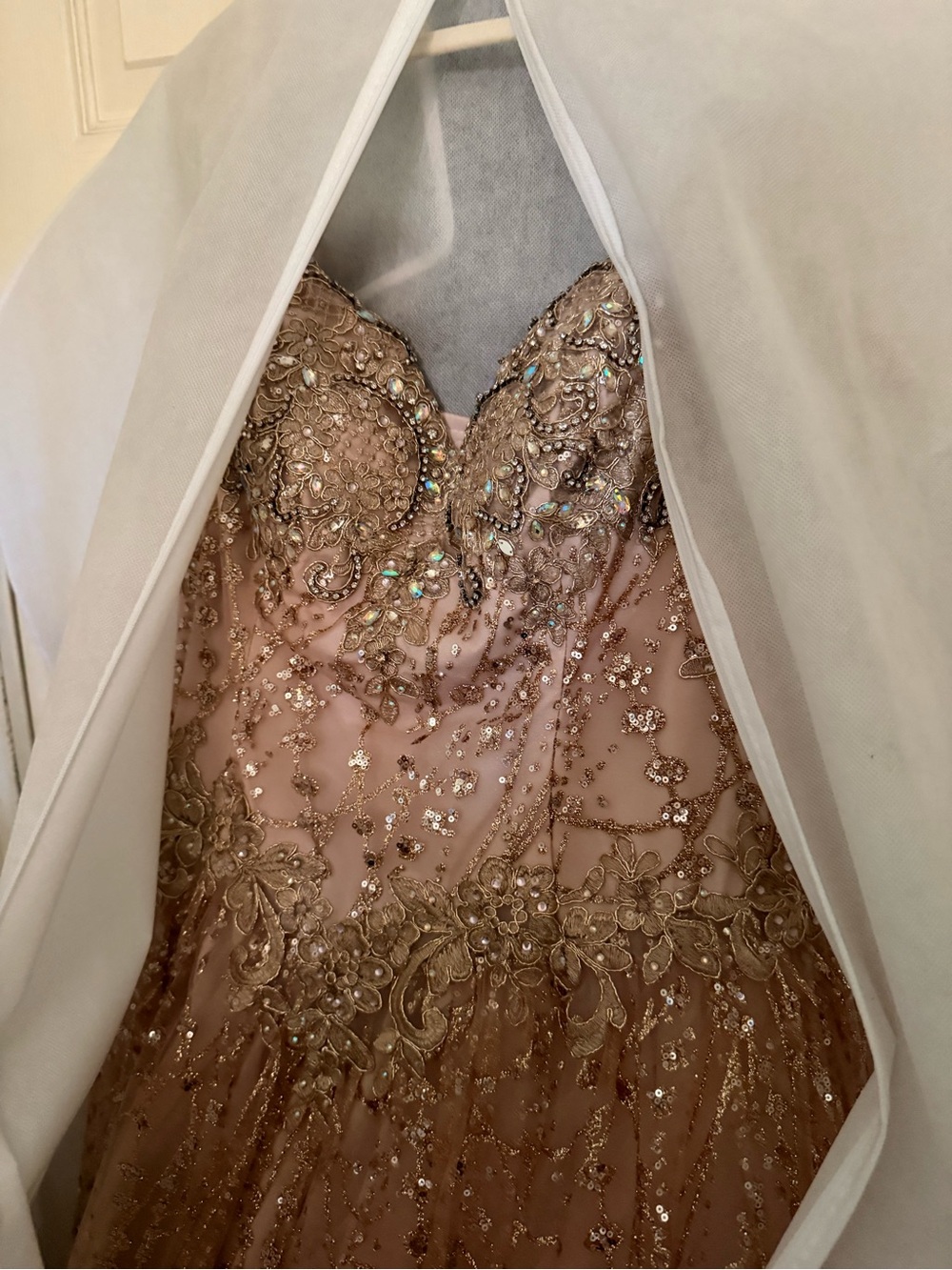 Embellished Rose Gold Ball Gown Dress with Beaded Bodice